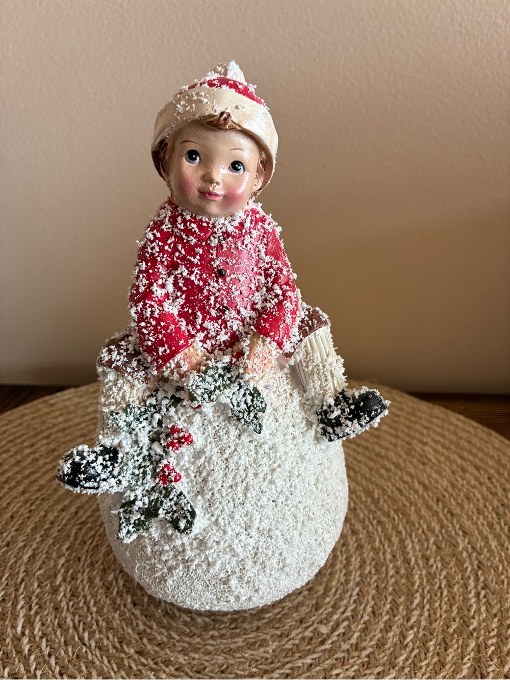 Hobby Lobby Red and Cream Snowy Child Figurine Sitting on Snowball Holiday Decor